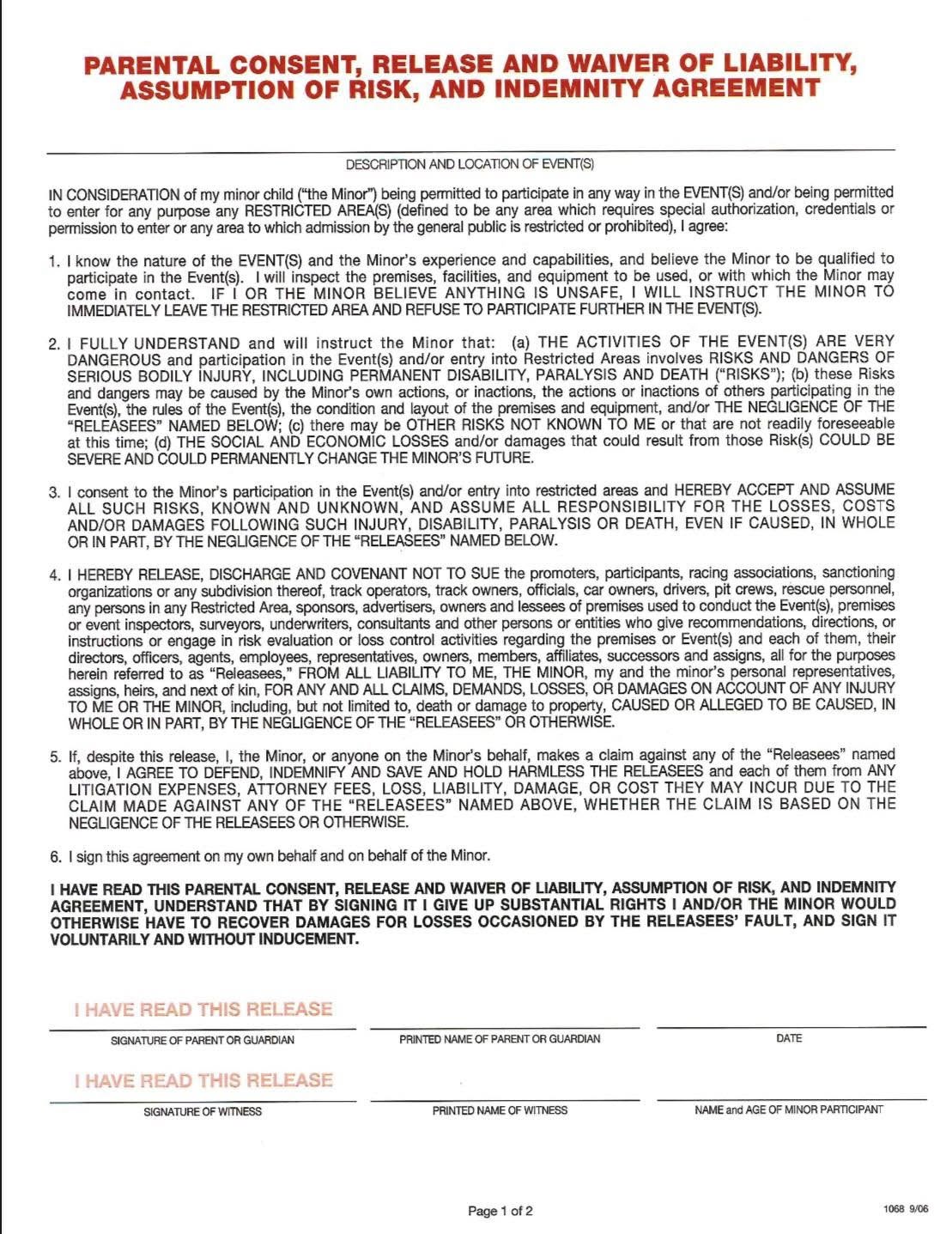 Adult Waiver — Parental Consent, Release and Waiver of Liability